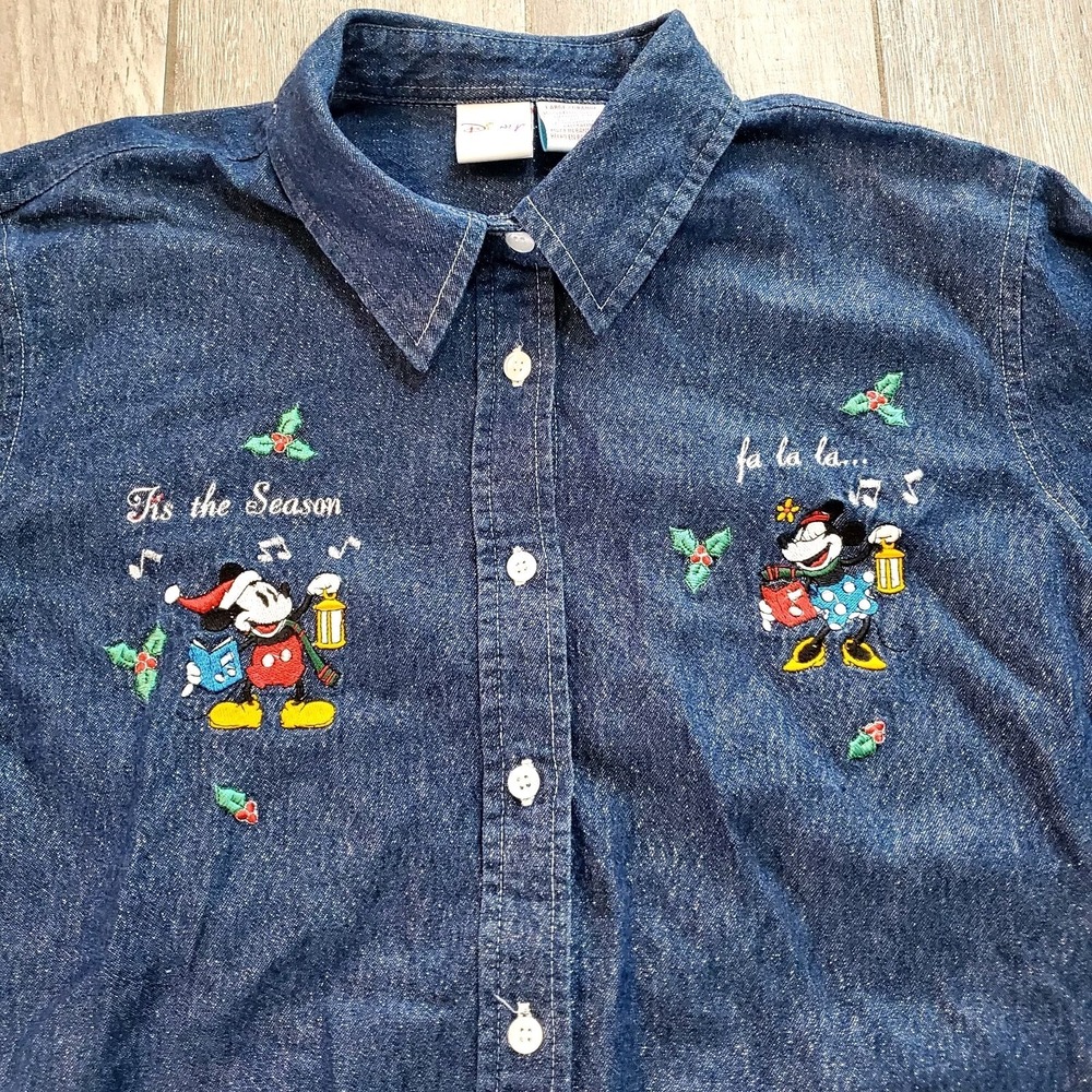 Disney Denim Sparkle Tis The Season‎ Womens Christmas Shirt Size Large